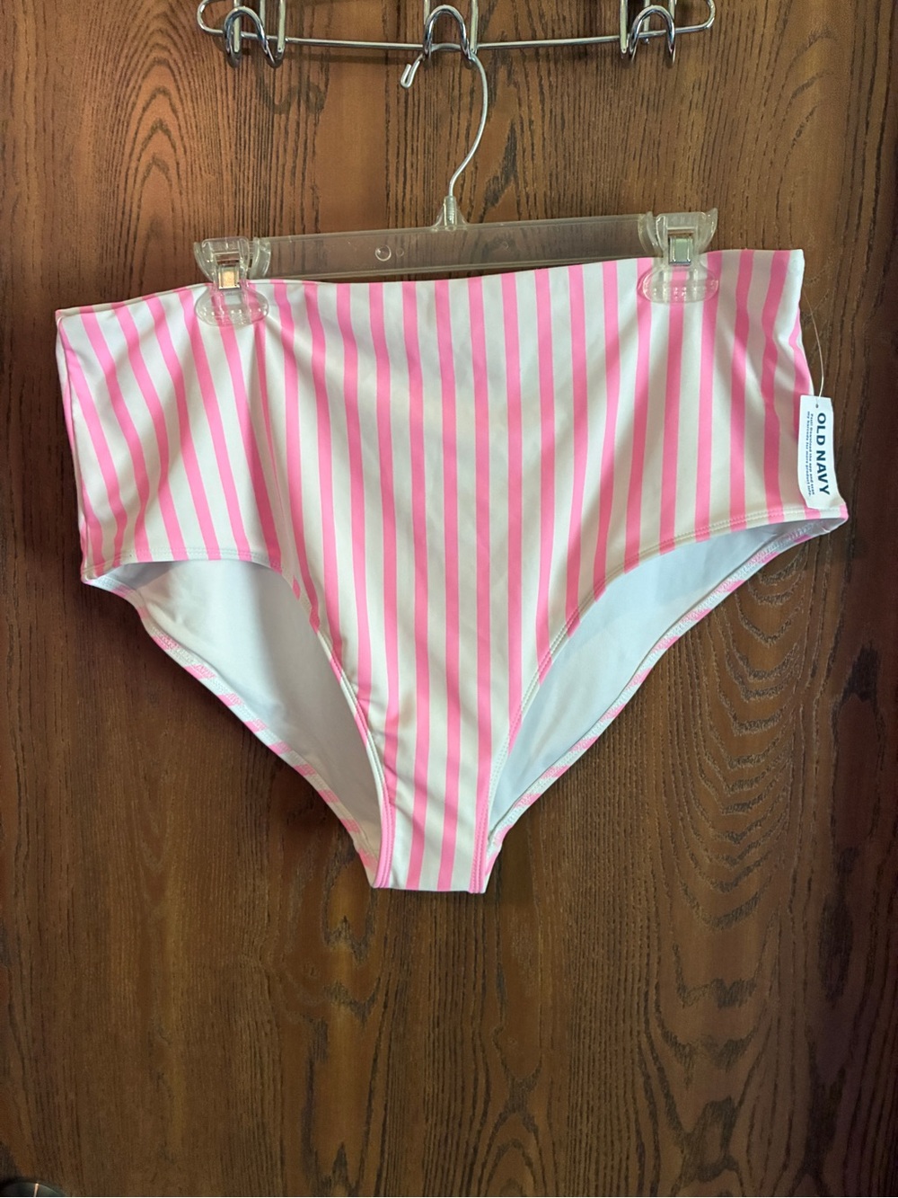 NWT Old Navy Pink and White Vertical Stripe High-Waist Swim Bottoms